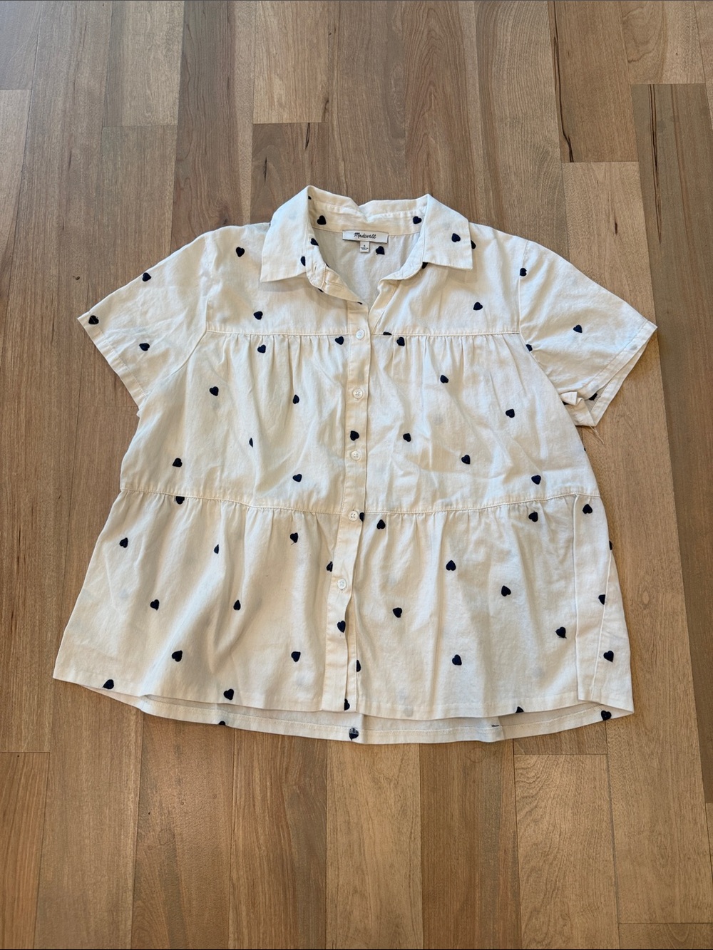 Madewell Cream Button-Up Top with Navy Heart Embroidery